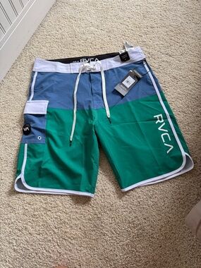 RVCA Men's Teal & Blue Colorblock Board Shorts with White Trim
